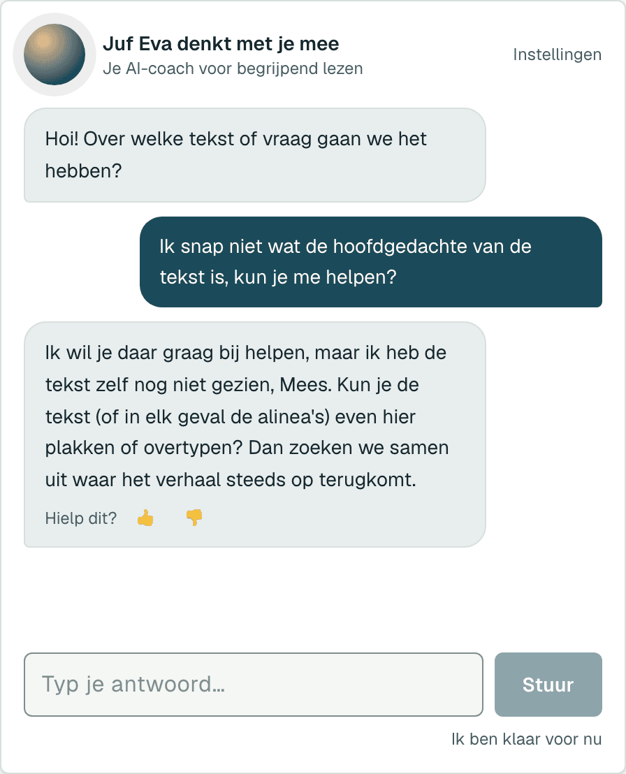 Zo ziet een gesprek met de leescoach eruit: een leerling vraagt naar de hoofdgedachte van een tekst, en Juf Eva vraagt eerst om welke tekst het gaat en wat die volgens de leerling zegt.