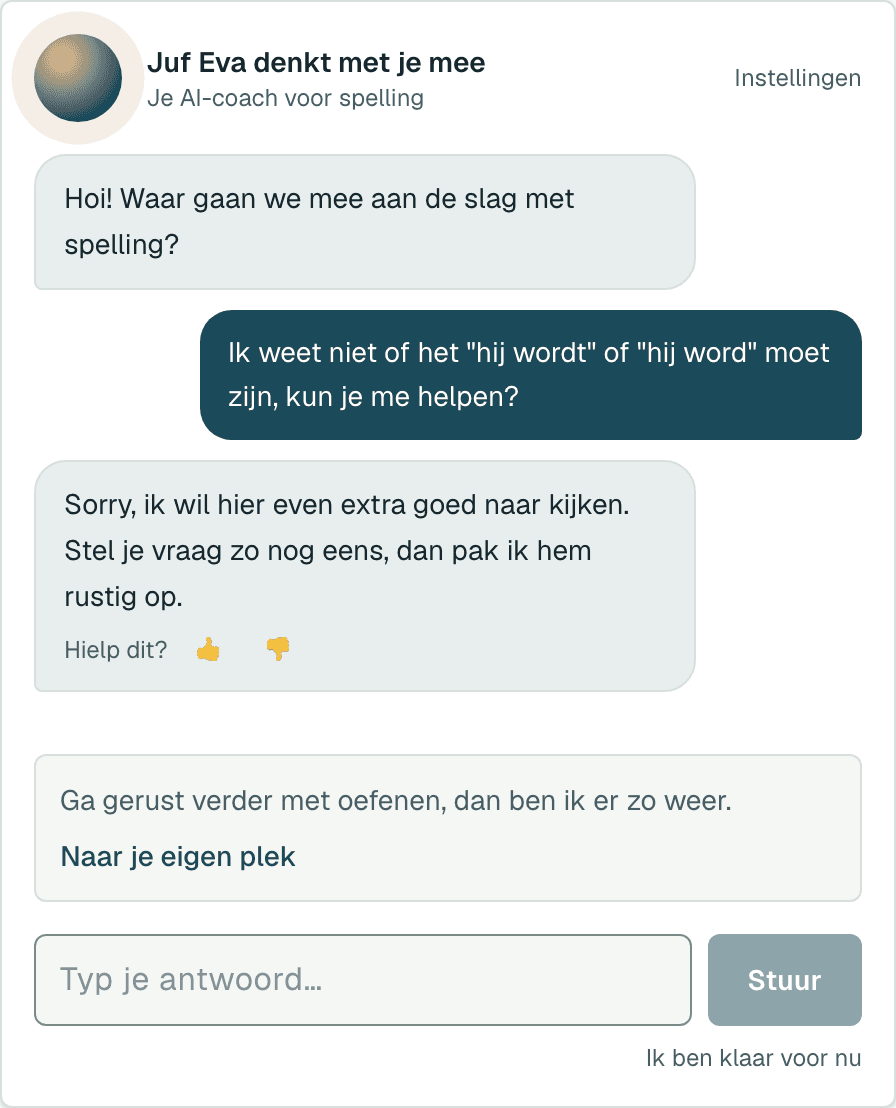 Schermafbeelding van een echt gesprek met Juf Eva, waarin een leerling twijfelt tussen 'hij wordt' en 'hij word' en Juf Eva met een denkvraag over de regel helpt.