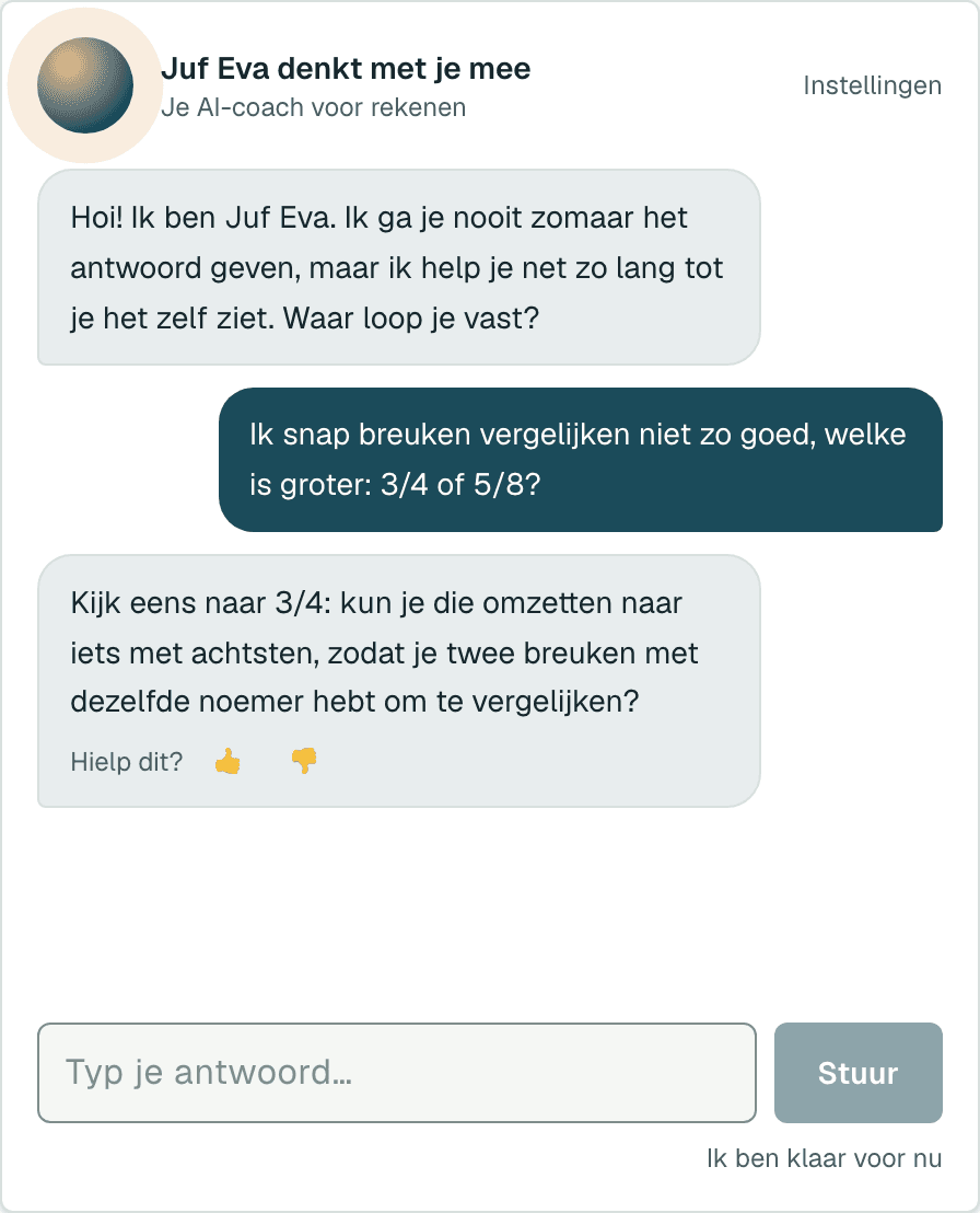 Een echt gesprek met Juf Eva: een leerling vraagt welke breuk groter is, en Juf Eva helpt met een sturende vraag in plaats van het antwoord te geven.