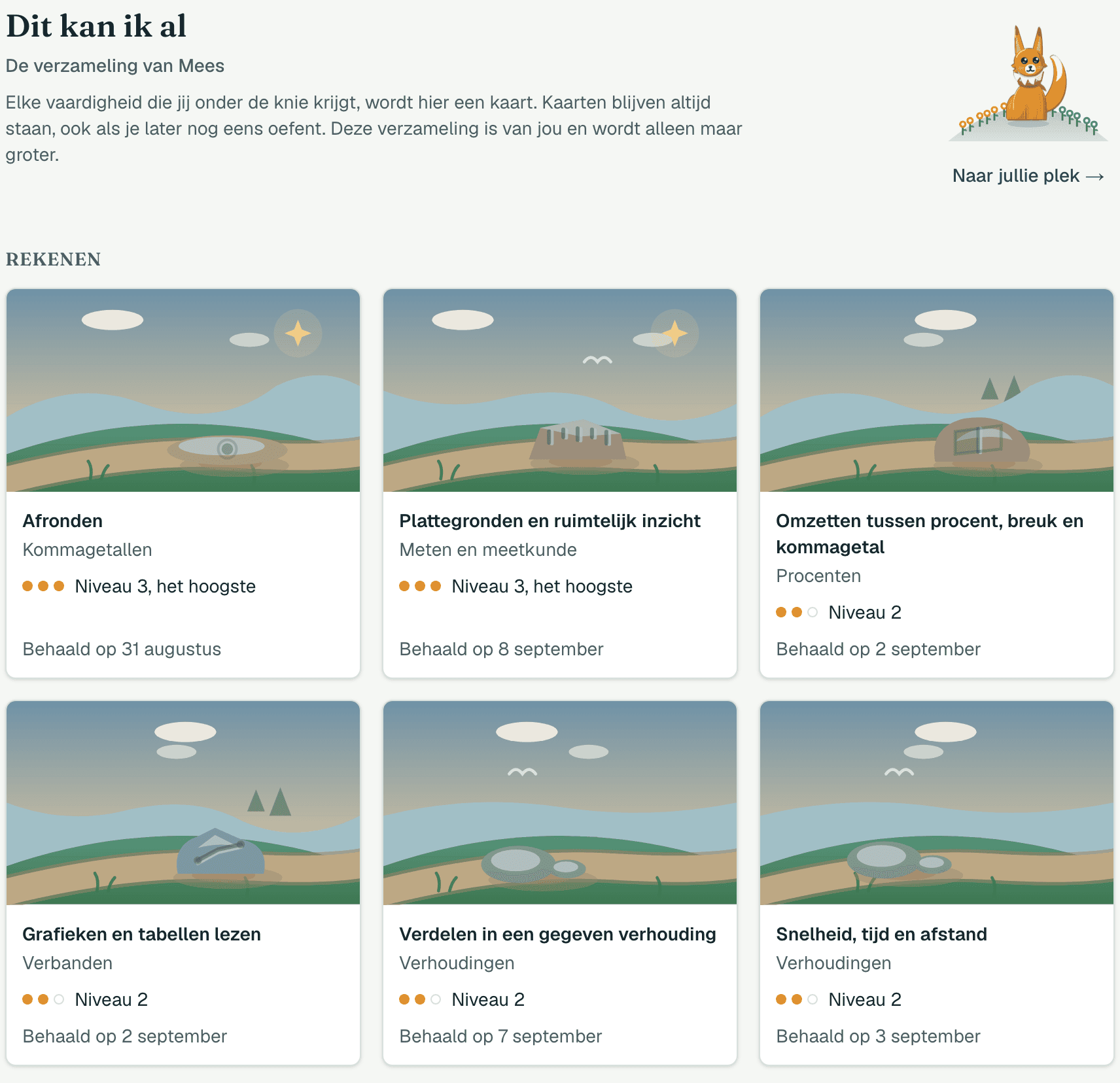 Schermafbeelding van het scherm Dit kan ik al: een verzameling kaarten per vak, elk met een beheerste vaardigheid, het niveau en de datum waarop die is behaald.