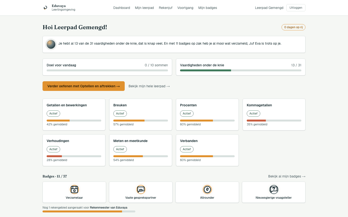 Screenshot of the Eduvaya student dashboard, showing mastered skills and per-subject progress bars.